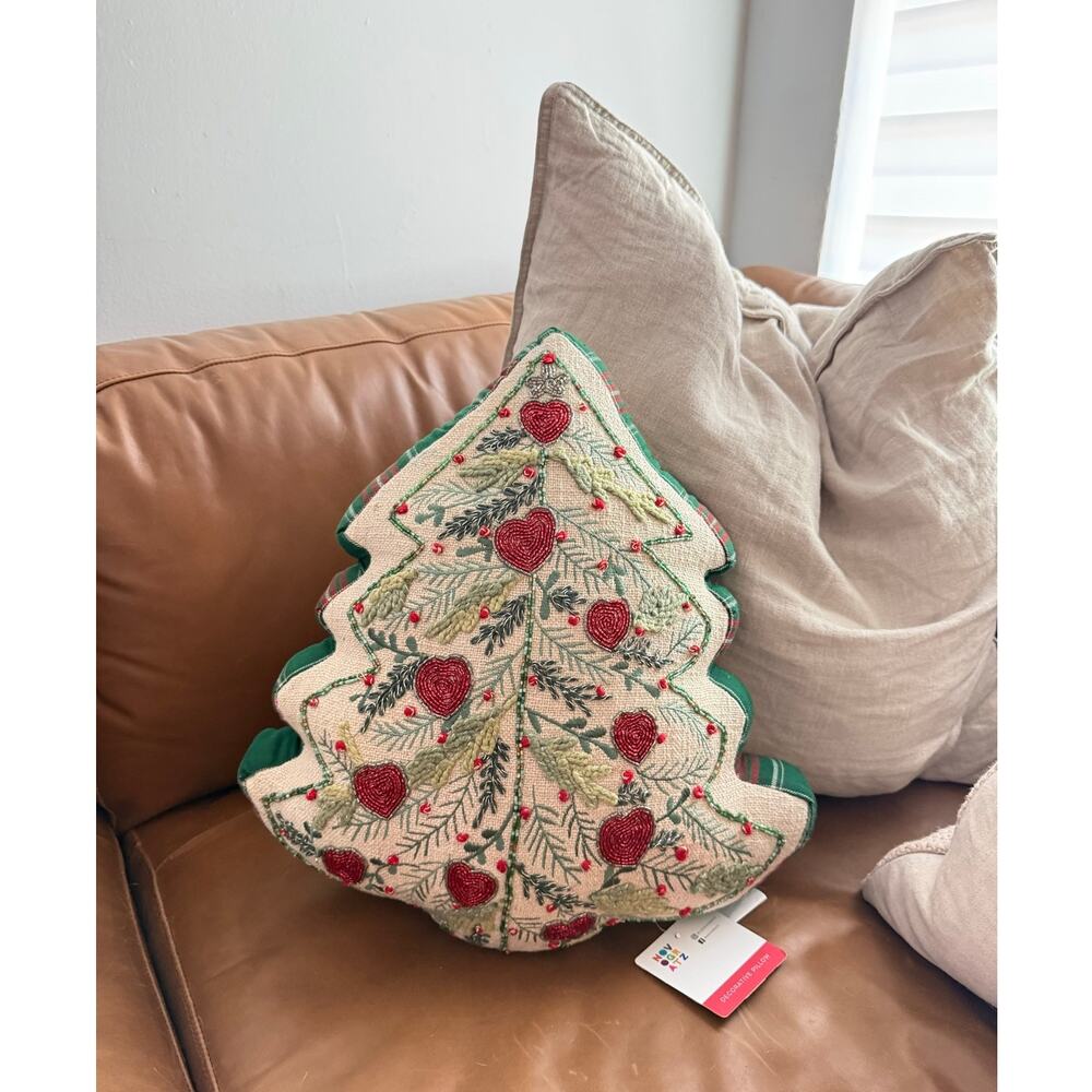 Novogratz Beaded Christmas Tree Pillow NWT Plaid Trim Holiday Decor Sparkle